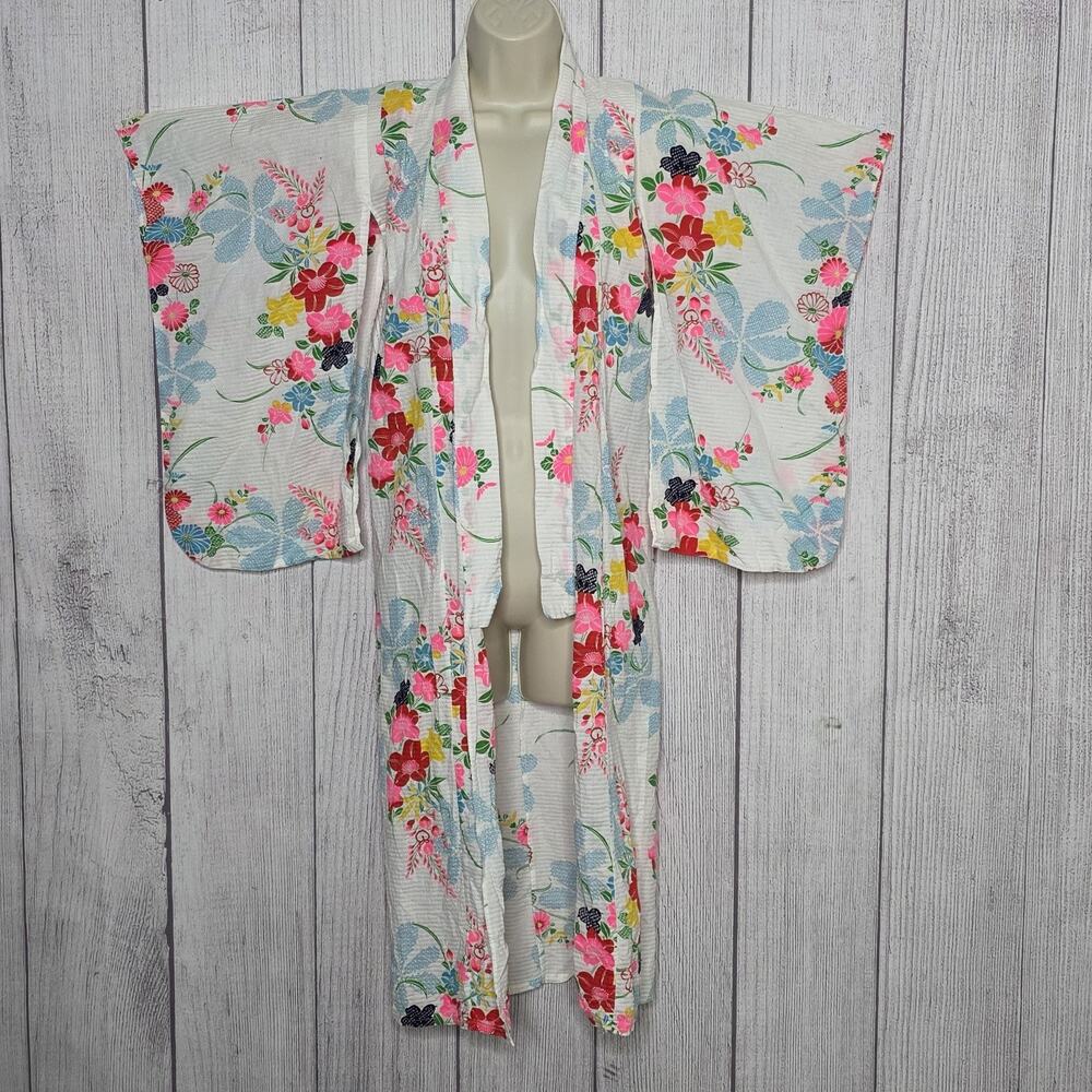 Vintage Petite Neon Floral Kimono Robe Waffle Cotton Yukata Style
